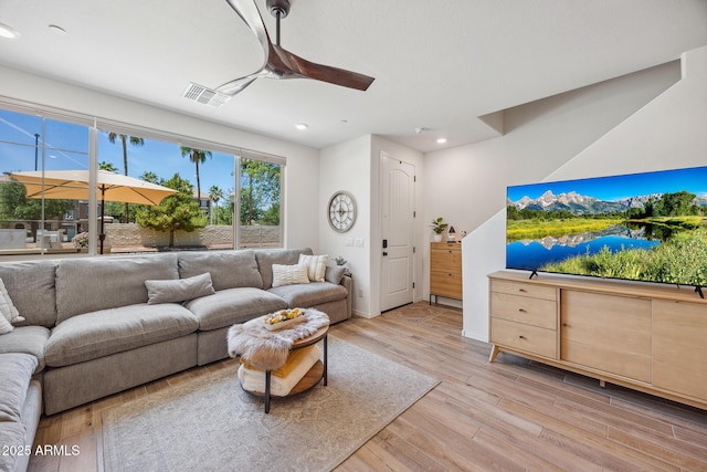 2628 S Voyager Dr Unit 104, Gilbert, AZ 85295 - living room with light wood-type flooring, a ceiling fan, and recessed lighting