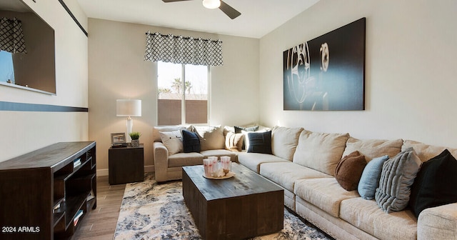 living room with ceiling fan and hardwood / wood-style flooring