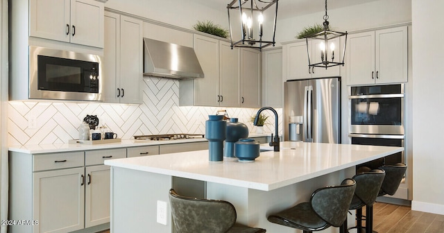 kitchen with backsplash, stainless steel appliances, wall chimney exhaust hood, a kitchen island with sink, and pendant lighting