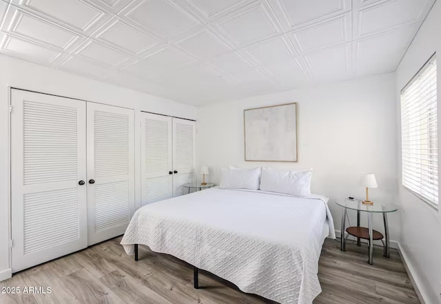 bedroom with two closets, multiple windows, and wood finished floors