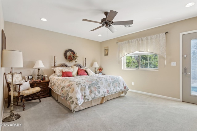 bedroom featuring recessed lighting, light carpet, a ceiling fan, visible vents, and baseboards