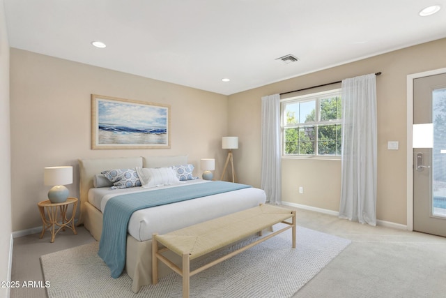 bedroom featuring recessed lighting, baseboards, visible vents, and light colored carpet