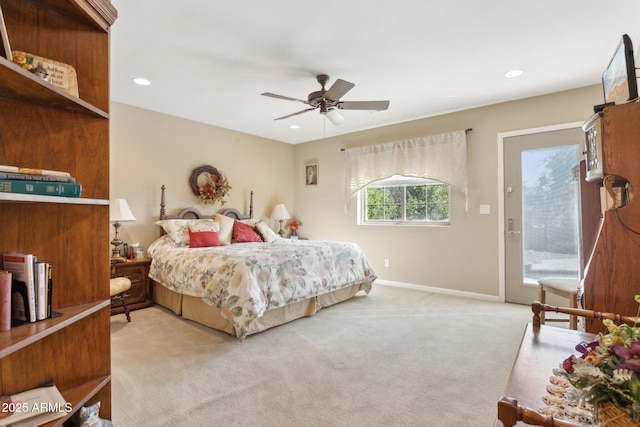 bedroom with light carpet, access to outside, baseboards, and recessed lighting