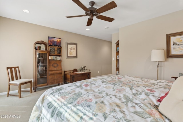 bedroom featuring ceiling fan, recessed lighting, carpet flooring, and baseboards