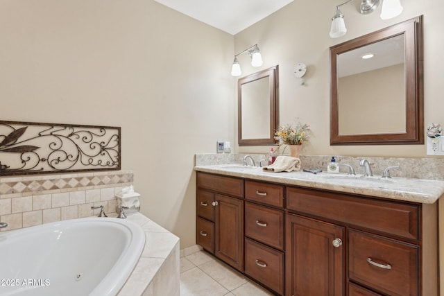 full bathroom with double vanity, tile patterned flooring, a sink, and a bath