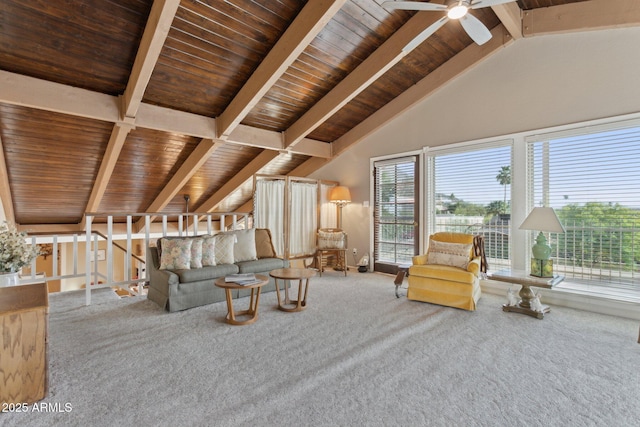 unfurnished living room featuring wooden ceiling, carpet flooring, vaulted ceiling with beams, and ceiling fan