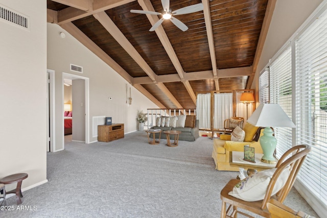 living room with wooden ceiling, ceiling fan, visible vents, and beam ceiling