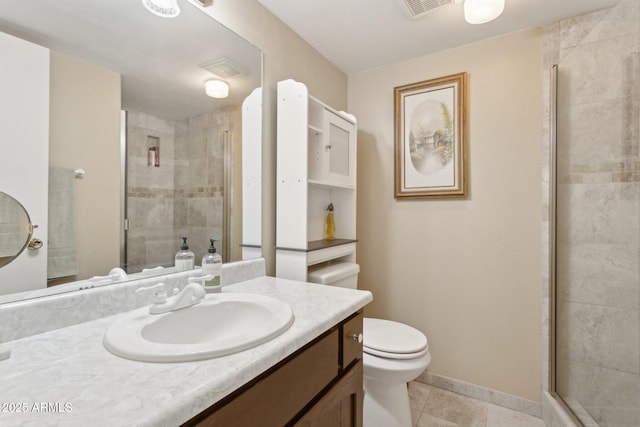 full bath with visible vents, toilet, a stall shower, vanity, and tile patterned floors