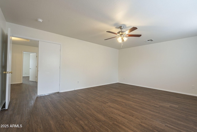 empty room featuring ceiling fan and dark wood-type flooring