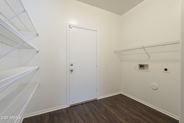 washroom with electric dryer hookup, gas dryer hookup, washer hookup, and dark hardwood / wood-style flooring