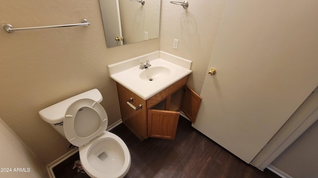 bathroom featuring toilet, vanity, and wood-type flooring