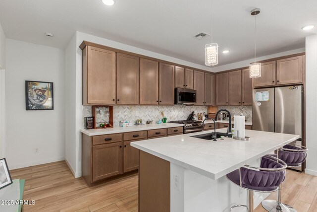 kitchen with decorative backsplash, visible vents, appliances with stainless steel finishes, a sink, and light wood finished floors