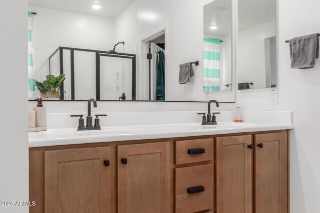 bathroom featuring double vanity, a shower stall, and a sink