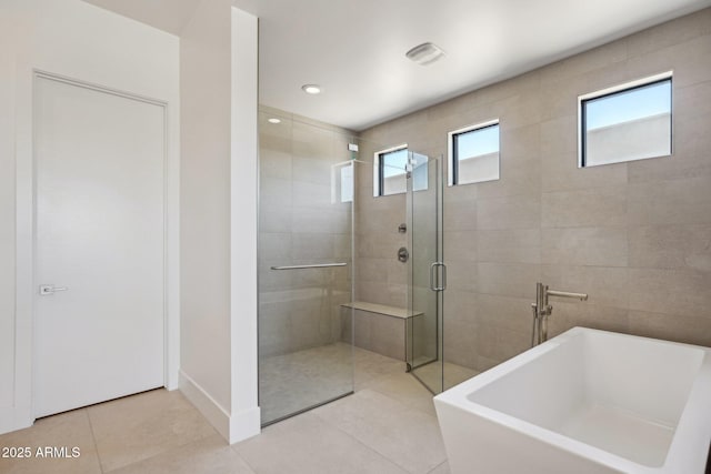 13278 E Buckskin Trl, Scottsdale, AZ 85255 - bathroom with a shower stall, a freestanding tub, tile patterned floors, and recessed lighting