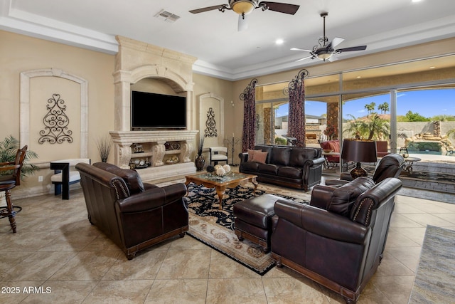 18036 W San Miguel Ave, Litchfield Park, AZ 85340 - living room with a ceiling fan, recessed lighting, light tile patterned flooring, and crown molding
