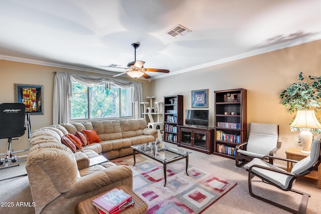 965 E Virgo Pl, Chandler, AZ 85249 - living area with carpet, crown molding, and ceiling fan
