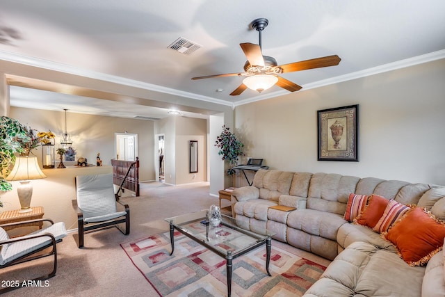 965 E Virgo Pl, Chandler, AZ 85249 - carpeted living area with ornamental molding, ceiling fan, and baseboards