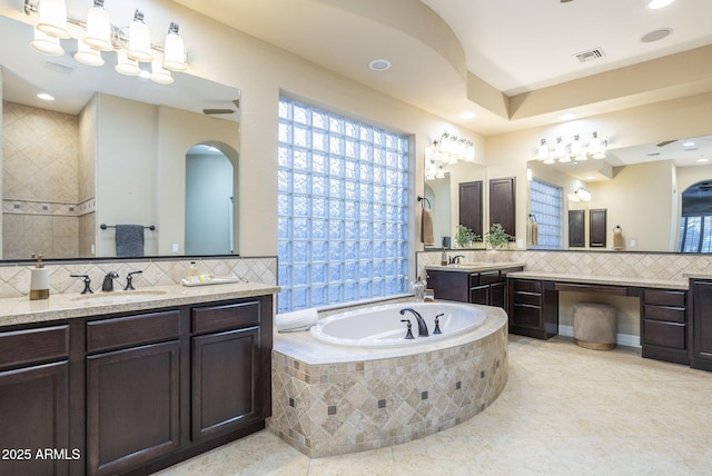 5243 E Windstone Trl, Cave Creek, AZ 85331 - bathroom featuring tasteful backsplash, tile patterned floors, two vanities, and recessed lighting