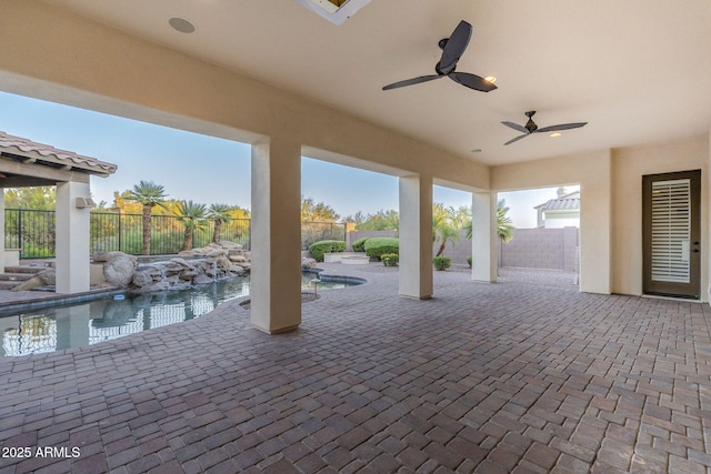 5243 E Windstone Trl, Cave Creek, AZ 85331 - fenced backyard with an in-ground hot tub, a patio, and a ceiling fan
