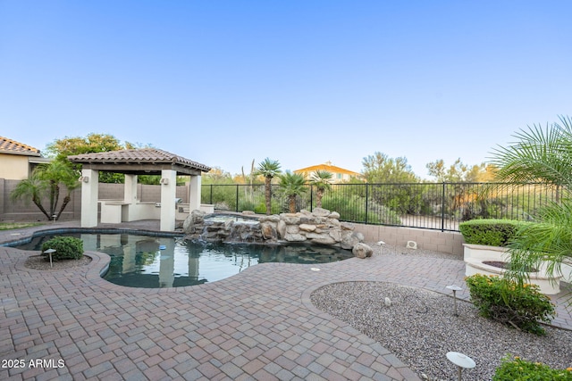 5243 E Windstone Trl, Cave Creek, AZ 85331 - view of swimming pool featuring a gazebo, a fenced backyard, a patio, and an in-ground hot tub