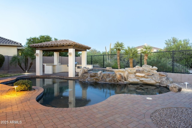 5243 E Windstone Trl, Cave Creek, AZ 85331 - view of pool featuring a gazebo, a fenced backyard, an in-ground hot tub, and a patio area