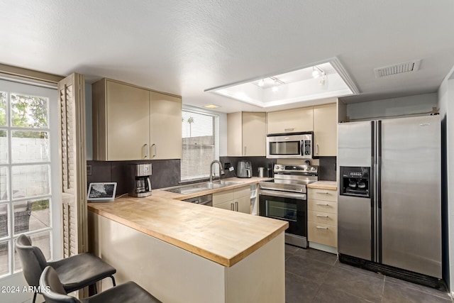 kitchen featuring cream cabinetry, appliances with stainless steel finishes, a tray ceiling, and a healthy amount of sunlight