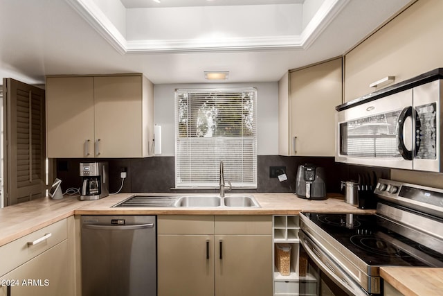 kitchen featuring a tray ceiling, sink, stainless steel appliances, and cream cabinetry