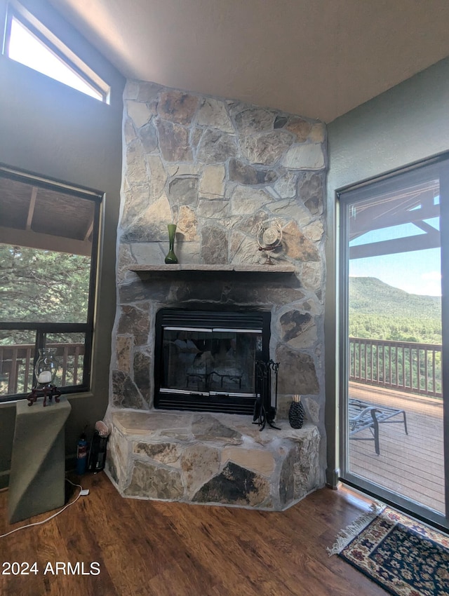 room details featuring a stone fireplace, hardwood / wood-style flooring, and a mountain view