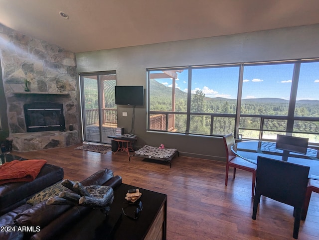 living room featuring a stone fireplace and hardwood / wood-style floors