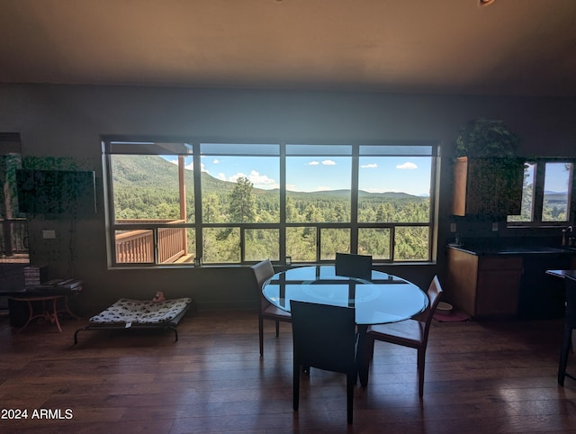 dining area with a mountain view and dark hardwood / wood-style flooring