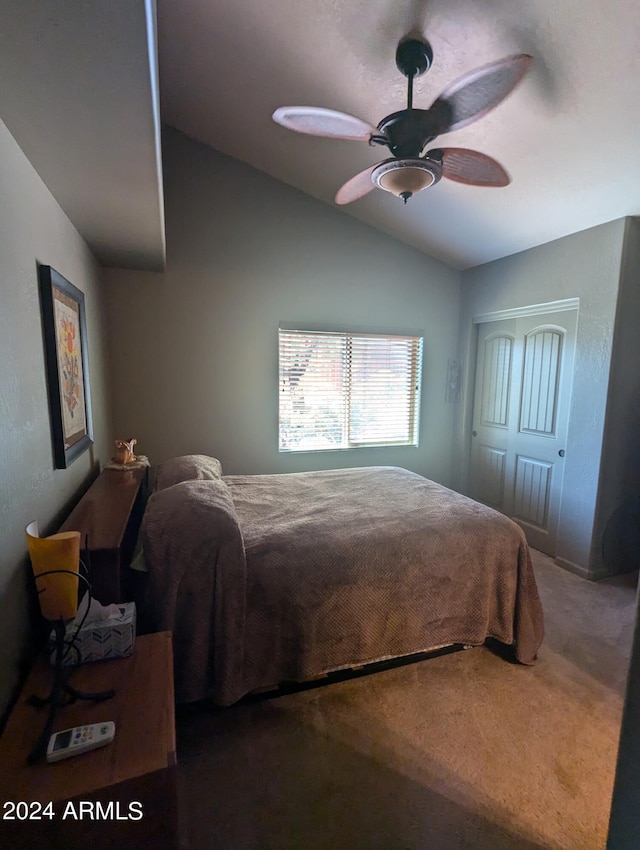 bedroom with lofted ceiling, ceiling fan, and a closet