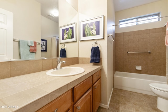 full bathroom with tile patterned flooring, vanity, toilet, and shower / bathtub combination with curtain