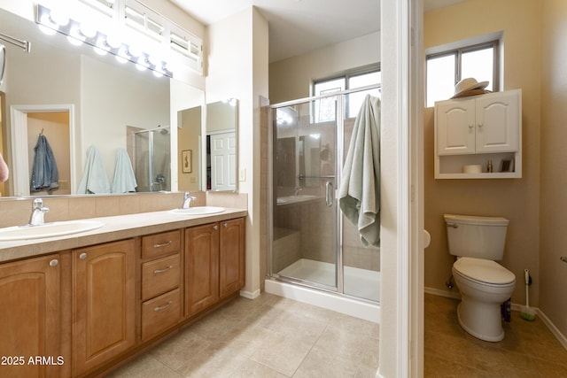 bathroom with tile patterned flooring, vanity, toilet, and walk in shower