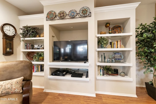 living room with built in shelves and hardwood / wood-style floors