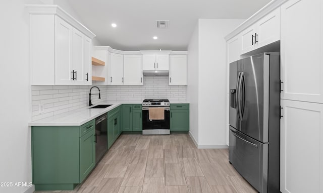 19401 W Flower St, Litchfield Park, AZ 85340 - kitchen featuring stainless steel appliances, green cabinets, a sink, open shelves, and under cabinet range hood