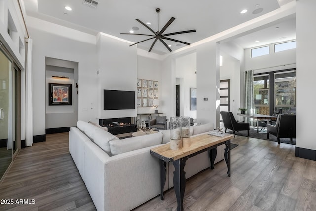 living room featuring a high ceiling and wood-type flooring