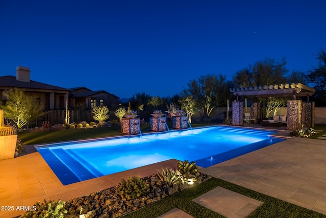 pool at twilight with a patio, a pergola, and pool water feature