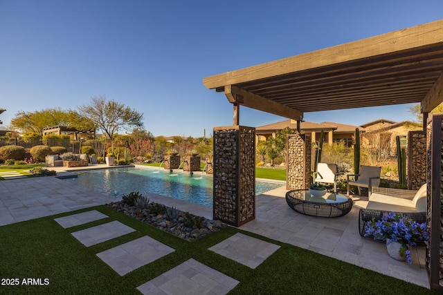 view of swimming pool featuring a pergola, a patio area, and pool water feature