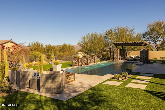 view of swimming pool with pool water feature, a lawn, a pergola, an outdoor hangout area, and a patio