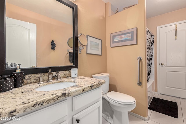 full bath featuring toilet, shower / tub combo, tile patterned flooring, and vanity