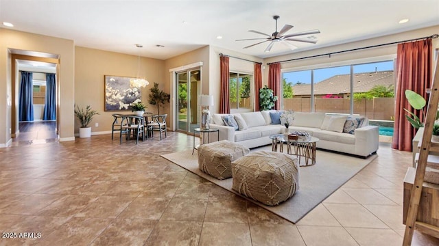 6917 E Ingram Cir, Mesa, AZ 85207 - living area with a ceiling fan, recessed lighting, and light tile patterned floors