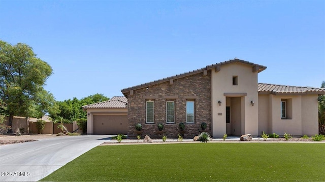 6917 E Ingram Cir, Mesa, AZ 85207 - mediterranean / spanish-style home with stucco siding, a tile roof, driveway, a garage, and stone siding
