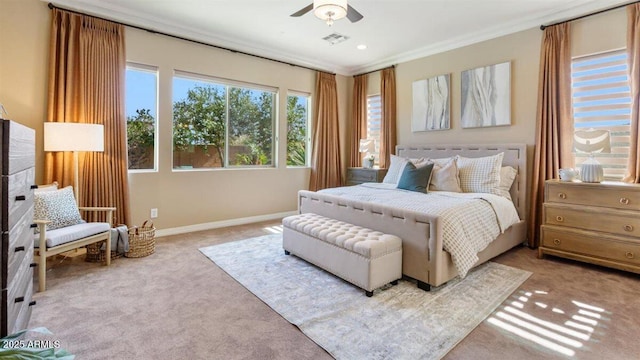 6917 E Ingram Cir, Mesa, AZ 85207 - bedroom featuring light colored carpet, ornamental molding, and a ceiling fan