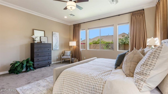 6917 E Ingram Cir, Mesa, AZ 85207 - bedroom with crown molding, light carpet, recessed lighting, and a ceiling fan
