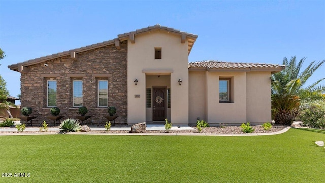 6917 E Ingram Cir, Mesa, AZ 85207 - view of front of home with a front yard, a tiled roof, stucco siding, and stone siding