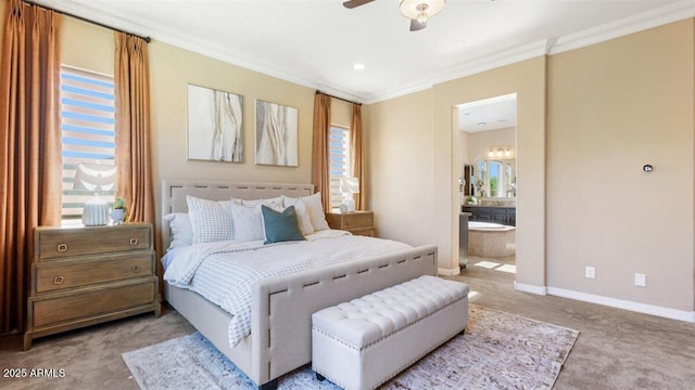 6917 E Ingram Cir, Mesa, AZ 85207 - bedroom with light carpet, crown molding, ensuite bathroom, ceiling fan, and recessed lighting