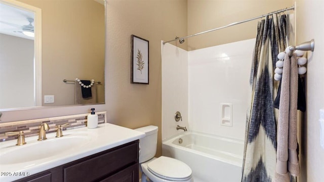 6917 E Ingram Cir, Mesa, AZ 85207 - full bath with shower / bath combo, vanity, decorative backsplash, and ceiling fan