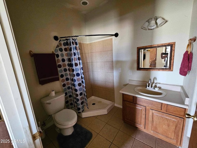 bathroom with vanity, tile patterned flooring, a shower stall, and toilet