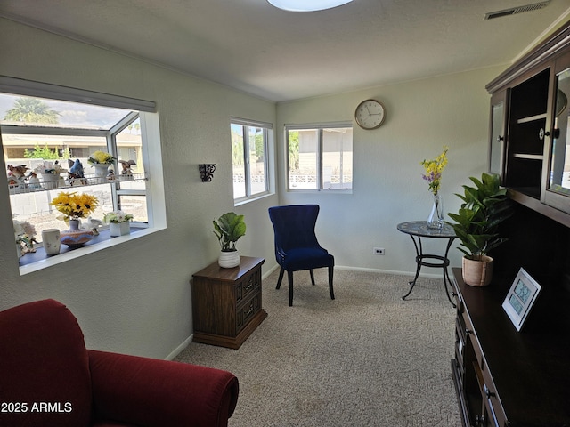 sitting room featuring baseboards, visible vents, and carpet