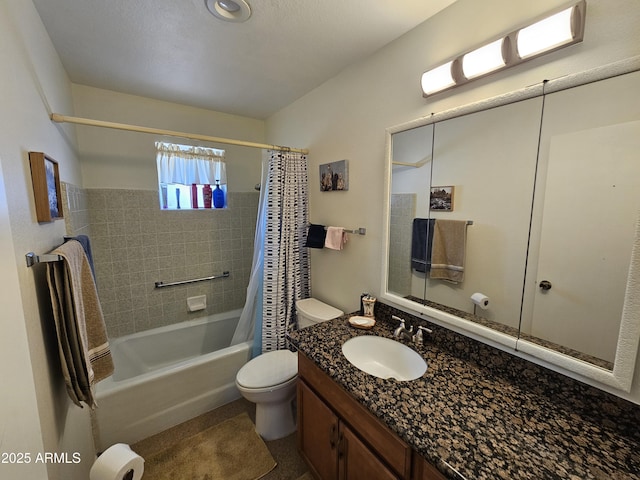 full bathroom featuring toilet, shower / tub combo with curtain, and vanity